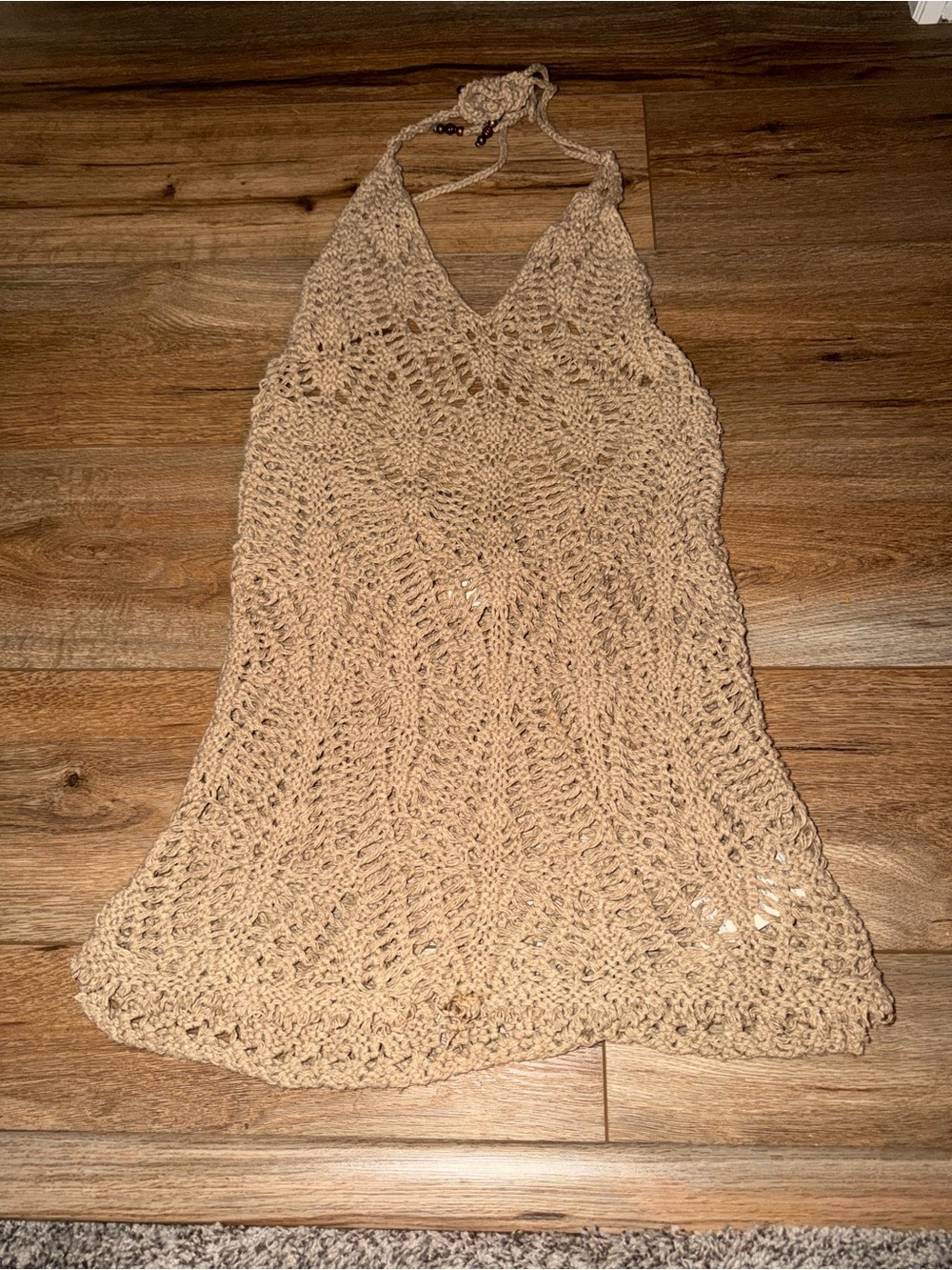 Y2K Abercrombie & Fitch Crochet Halter Swim Cover-Up Dress Tan cotton NWT